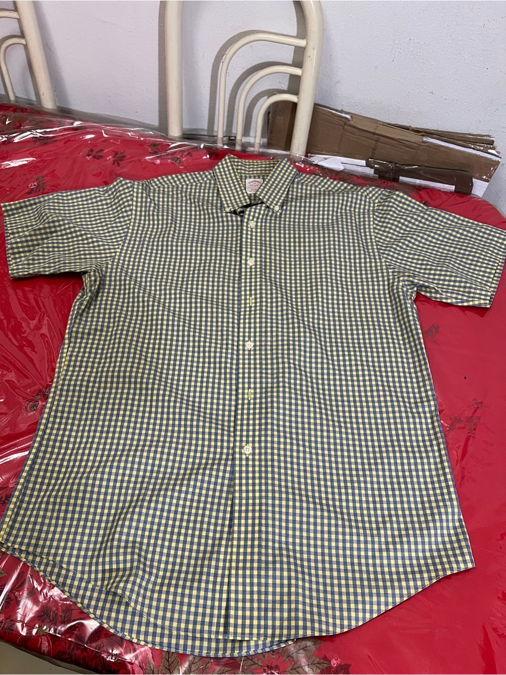 Brooks Brothers Short-Sleeve Yellow & Blue Checkered Button-Down Shirt mens Sz M